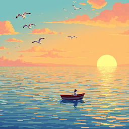 A serene pixel art scene depicting a calm sea at sunset, with the sun descending just above the horizon, casting warm orange and pink hues across the sky