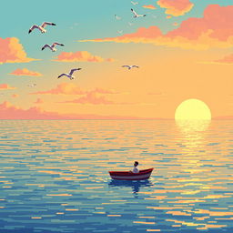 A serene pixel art scene depicting a calm sea at sunset, with the sun descending just above the horizon, casting warm orange and pink hues across the sky