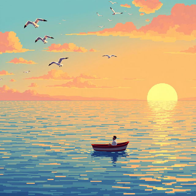 A serene pixel art scene depicting a calm sea at sunset, with the sun descending just above the horizon, casting warm orange and pink hues across the sky