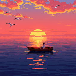 A serene pixel art scene depicting a calm sea at sunset, with the sun descending just above the horizon, casting warm orange and pink hues across the sky