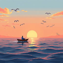 A serene pixel art scene depicting a calm sea at sunset, with the sun descending just above the horizon, casting warm orange and pink hues across the sky