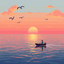 A serene pixel art scene depicting a calm sea at sunset, with the sun descending just above the horizon, casting warm orange and pink hues across the sky