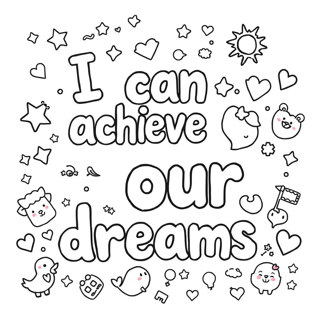 Create a simple, kid-friendly coloring page featuring the uplifting phrase 'I can achieve my dreams' prominently in the center