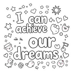 Create a simple, kid-friendly coloring page featuring the uplifting phrase 'I can achieve my dreams' prominently in the center