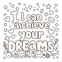 Create a simple, kid-friendly coloring page featuring the uplifting phrase 'I can achieve my dreams' prominently in the center