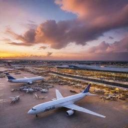 A bustling, modern airport with architecturally striking terminals, vibrant lights, and planes taking off against a dramatic sunset sky that highlights the artistry of aviation.