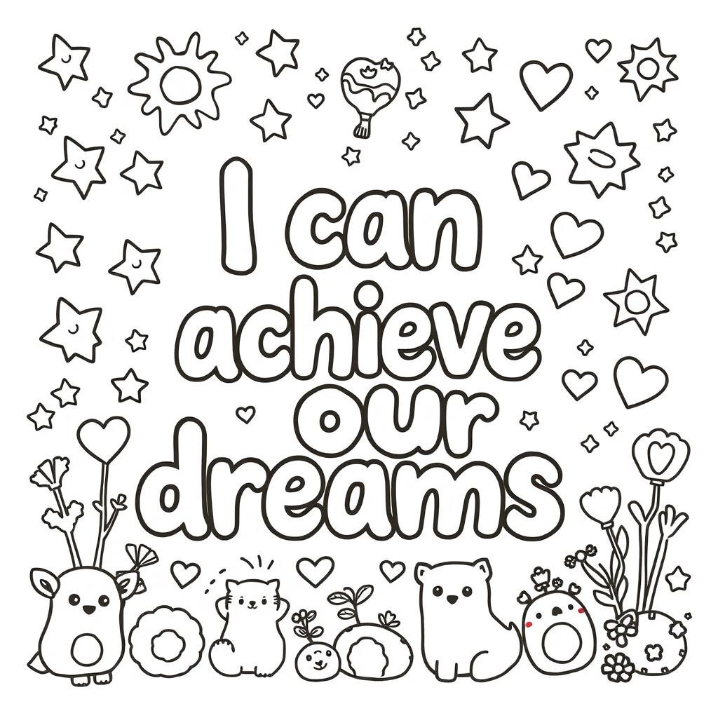 Create a simple, kid-friendly coloring page featuring the uplifting phrase 'I can achieve my dreams' prominently in the center