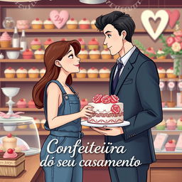 A charming book cover design for a romance novel titled 'Confeiteira do seu casamento'