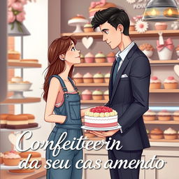 A charming book cover design for a romance novel titled 'Confeiteira do seu casamento'