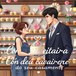 A charming book cover design for a romance novel titled 'Confeiteira do seu casamento'