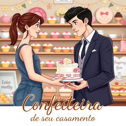 A charming book cover design for a romance novel titled 'Confeiteira do seu casamento'