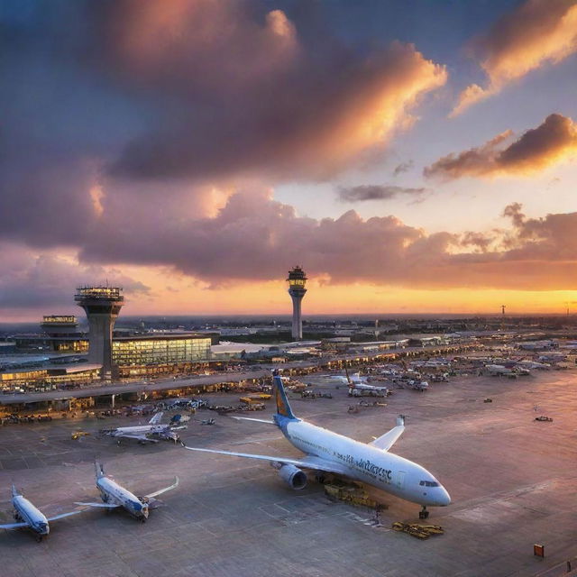 A bustling, modern airport with architecturally striking terminals, vibrant lights, and planes taking off against a dramatic sunset sky that highlights the artistry of aviation.