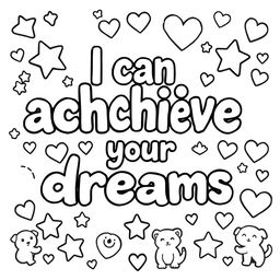 Create a simple, kid-friendly coloring page featuring the inspiring phrase 'I can achieve my dreams' prominently in the center