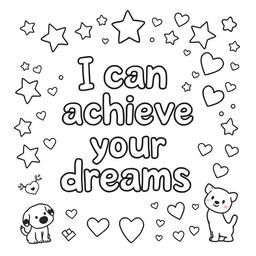 Create a simple, kid-friendly coloring page featuring the inspiring phrase 'I can achieve my dreams' prominently in the center