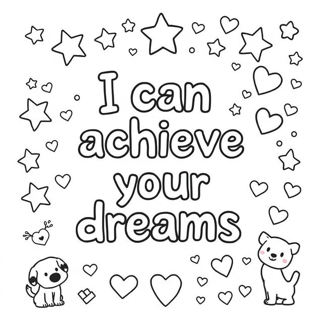 Create a simple, kid-friendly coloring page featuring the inspiring phrase 'I can achieve my dreams' prominently in the center