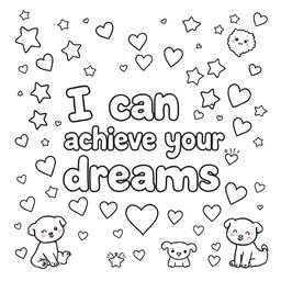 Create a simple, kid-friendly coloring page featuring the inspiring phrase 'I can achieve my dreams' prominently in the center