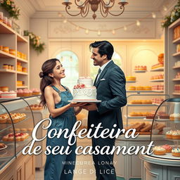 A semi-realistic book cover design for a romance novel titled 'Confeiteira do seu casamento'