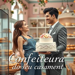 A semi-realistic book cover design for a romance novel titled 'Confeiteira do seu casamento'