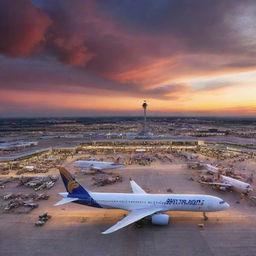 A bustling, modern airport with architecturally striking terminals, vibrant lights, and planes taking off against a dramatic sunset sky that highlights the artistry of aviation.