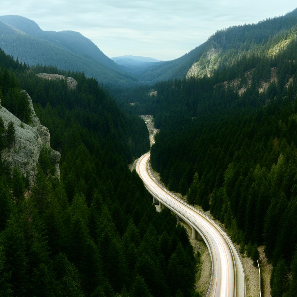 A long, smooth freeway cutting serenely through a landscape lined with a dense forest and colossal boulders.