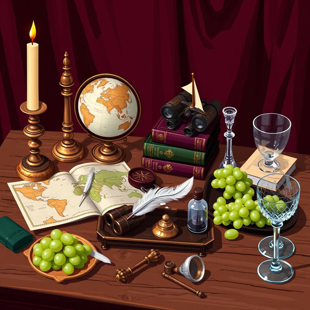 A pixel art scene featuring a wooden table adorned with various objects