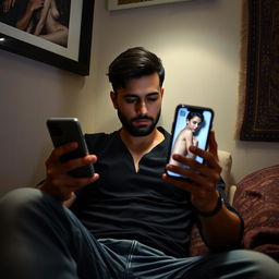 A man sitting in a private space, looking intently at his smartphone