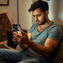 A man sitting in a private space, looking intently at his smartphone