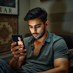 A man sitting in a private space, looking intently at his smartphone