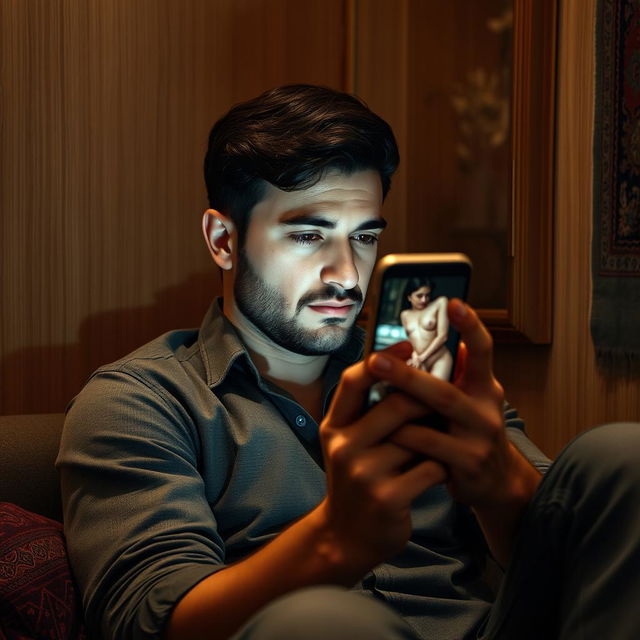 A man sitting in a private space, looking intently at his smartphone