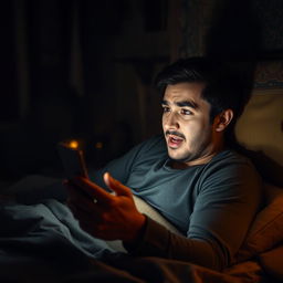 An excited man lying in bed in a dimly lit room in Iran, engrossed in his smartphone