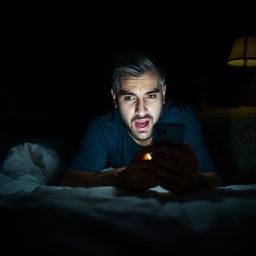 An excited man lying in bed in a dimly lit room in Iran, engrossed in his smartphone