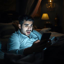 An excited man lying in bed in a dimly lit room in Iran, engrossed in his smartphone