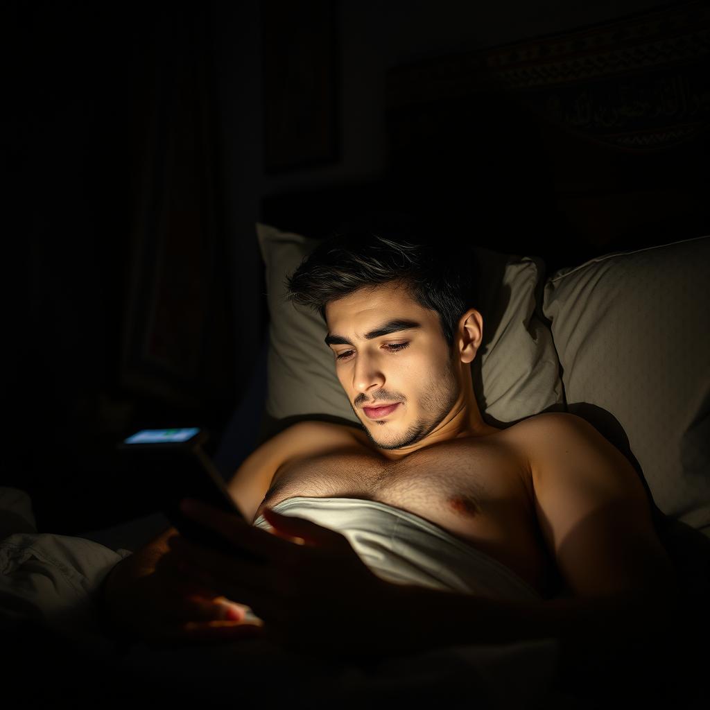 A man resting in bed in a dark room in Iran, absorbed in his smartphone