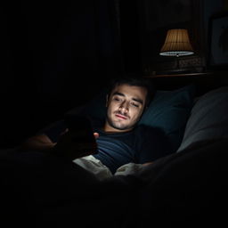 A man resting in bed in a dark room in Iran, absorbed in his smartphone