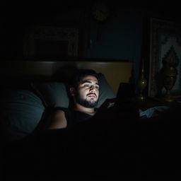 A man resting in bed in a dark room in Iran, absorbed in his smartphone