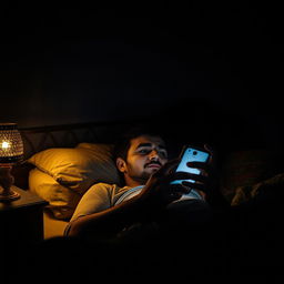 A man resting in bed in a dark room in Iran, absorbed in his smartphone