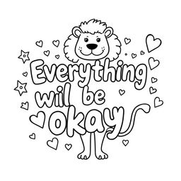 Create a simple, kid-friendly coloring page featuring the uplifting phrase 'Everything will be okay' prominently in the center