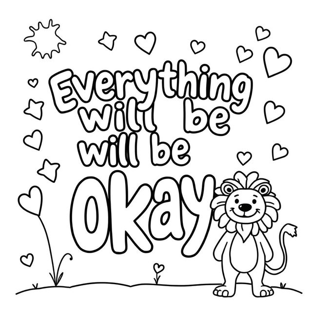 Create a simple, kid-friendly coloring page featuring the uplifting phrase 'Everything will be okay' prominently in the center