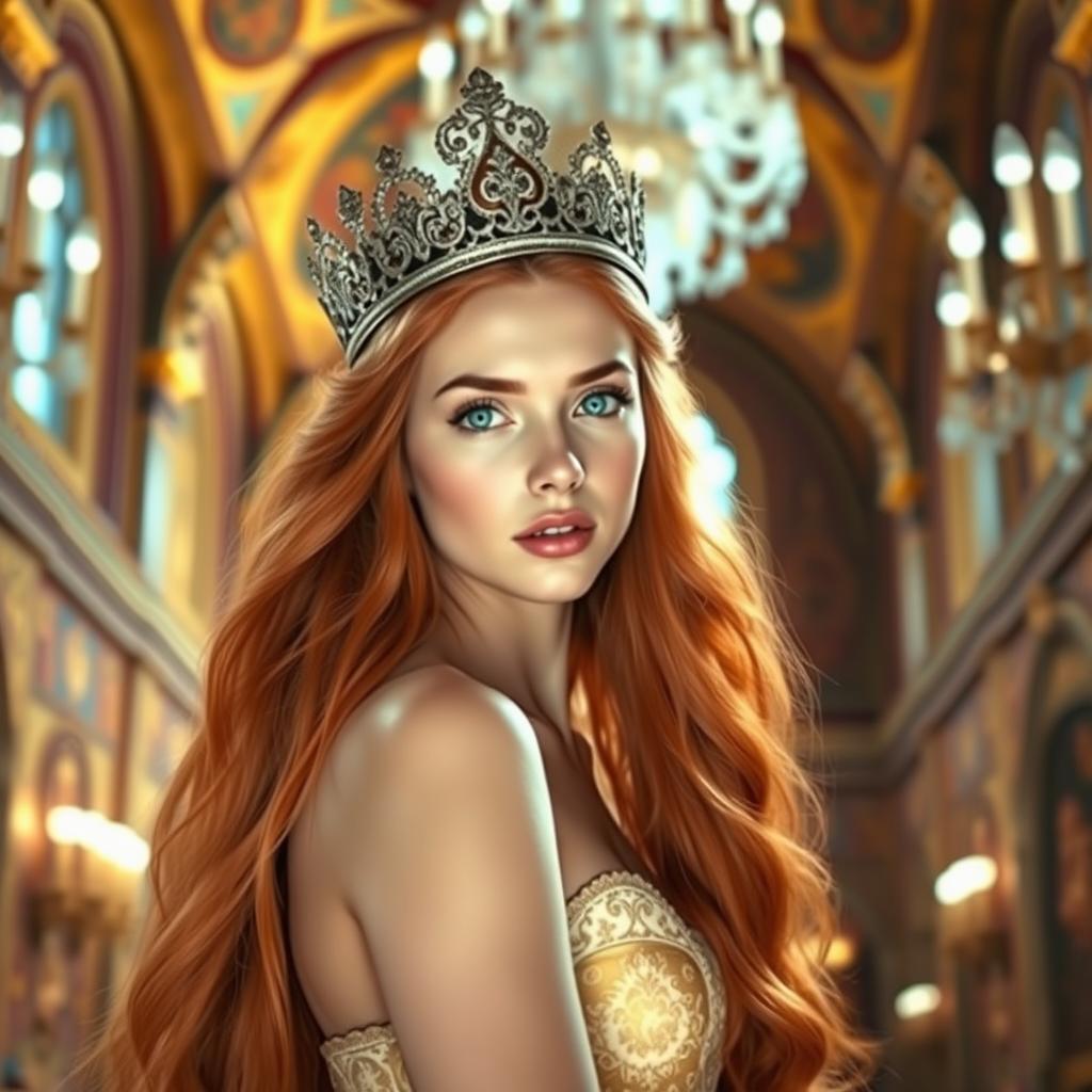 A beautiful young woman with long flowing red hair and striking green eyes, wearing an ornate crown, standing gracefully in an opulent castle interior