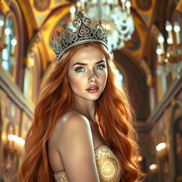 A beautiful young woman with long flowing red hair and striking green eyes, wearing an ornate crown, standing gracefully in an opulent castle interior