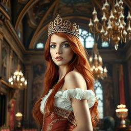 A beautiful young woman with long flowing red hair and striking green eyes, wearing an ornate crown, standing gracefully in an opulent castle interior