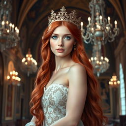 A beautiful young woman with long flowing red hair and striking green eyes, wearing an ornate crown, standing gracefully in an opulent castle interior