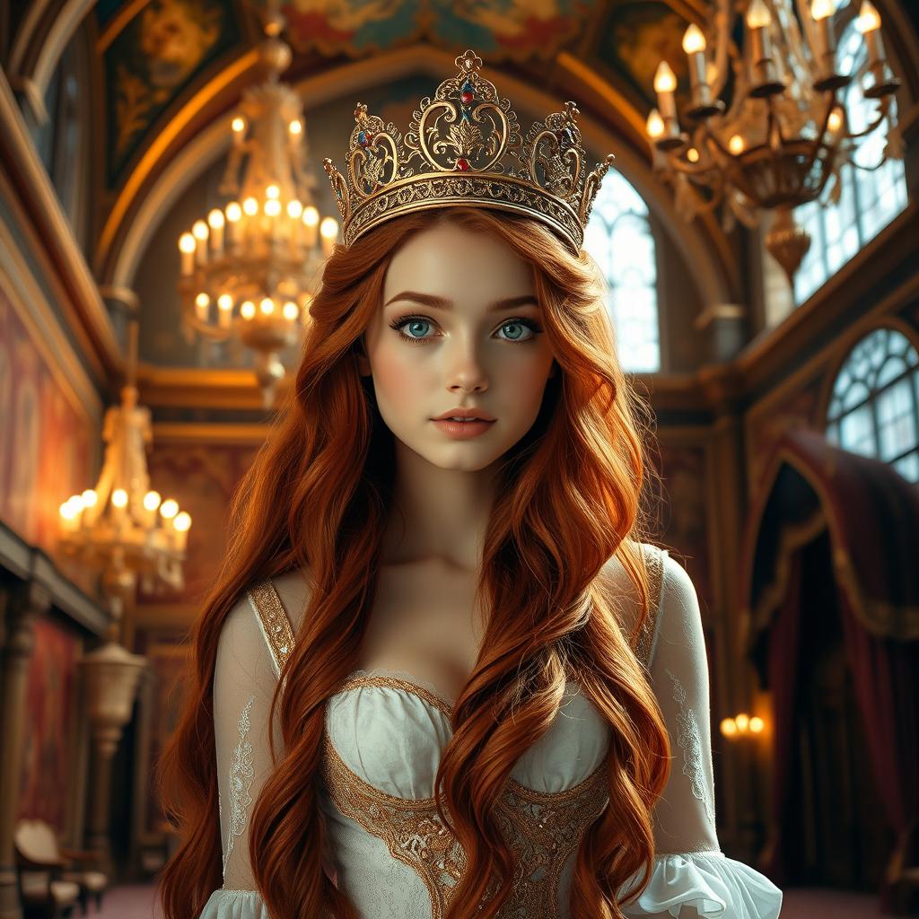 A beautiful young woman with long flowing red hair and striking green eyes, wearing an ornate crown, standing gracefully in an opulent castle interior