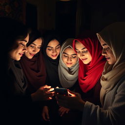 A group of Iranian women gathered in a cozy, dimly lit room, all focused on a single smartphone