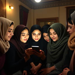 A group of Iranian women gathered in a cozy, dimly lit room, all focused on a single smartphone