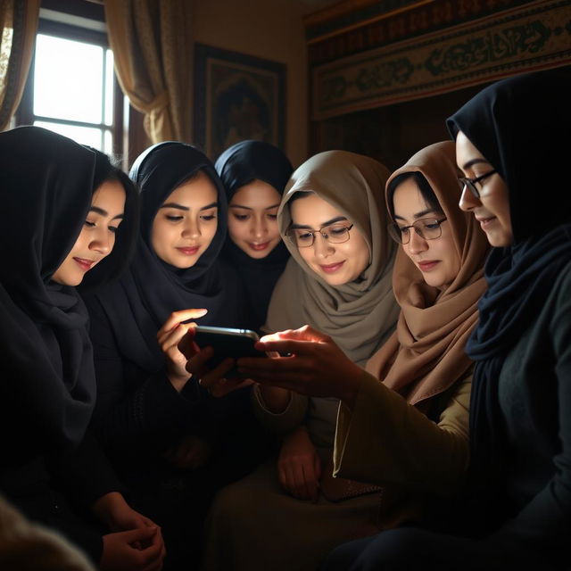 A group of Iranian women gathered in a cozy, dimly lit room, all focused on a single smartphone