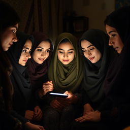 A group of Iranian women gathered in a cozy, dimly lit room, all focused on a single smartphone