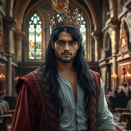 A handsome, powerful man with long black hair and striking lilac eyes, wearing an ornate crown