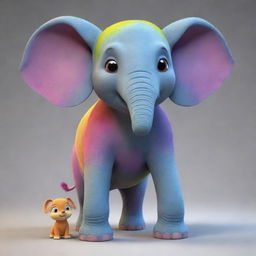 An endearing animated hybrid creature, blending the features of an elephant and a dog, with uniquely exaggerated and colorful traits.