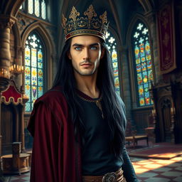 A handsome, powerful man with long black hair and striking lilac eyes, wearing an ornate crown